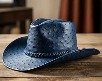 Ostrich Embossed Leather Cowboy Hat – Handmade Genuine Leather Western Hats for Men and Women