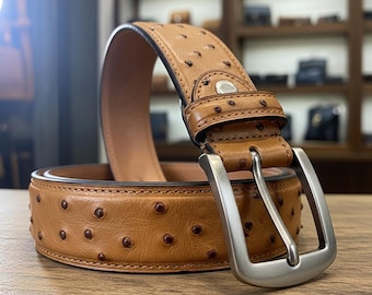 Cinturón de piel auténtica de avestruz hecho a mano para hombre: piel exótica, estilo vintage, informal y formal.