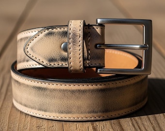 Men’s Waxed Beige Distressed Leather Belt, Handmade Vintage, Casual, Work, Dress, Western, Jeans Belts