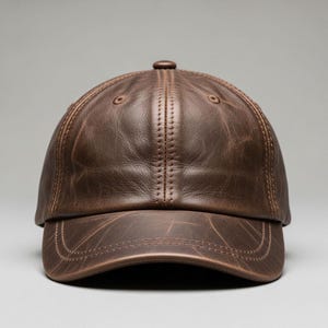 May include: A brown leather baseball cap with a curved brim. The cap has a classic six-panel design with a button on top and stitched detailing. The leather has a distressed look, adding to its vintage appeal.