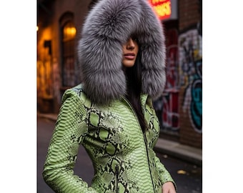 Women’s Green Snakeskin Pattern Leather Jacket with Real Fox Fur Hood – Luxury Biker Jackets