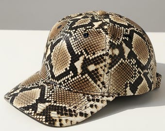 Python Snakeskin Leather Baseball Cap, Handmade Fashion Caps