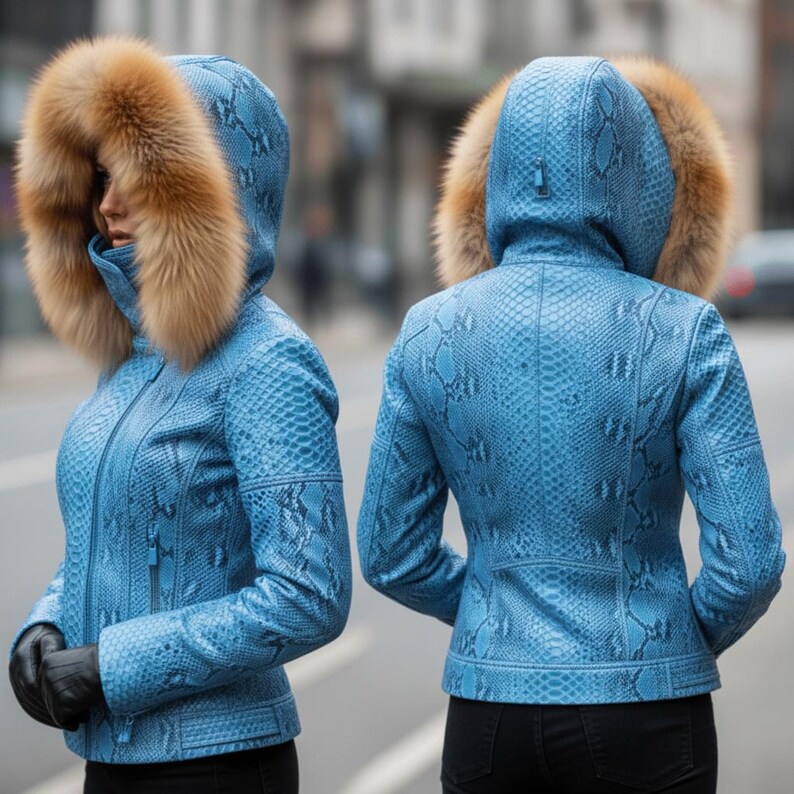 May include: A light blue leather jacket with a snakeskin pattern and a fur-lined hood. The jacket has a zip closure and is worn with black gloves. The jacket is shown from the front and back.
