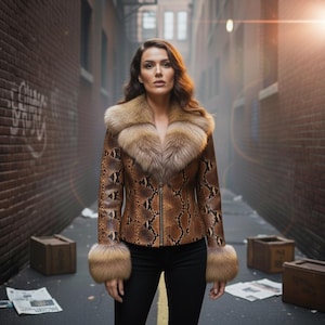 Puede incluir: Chaqueta marrón con estampado de piel de serpiente con cuello y puños de piel. La chaqueta tiene cierre de cremallera y se lleva con pantalones negros. La imagen está tomada en un callejón con paredes de ladrillo y cajas de madera.