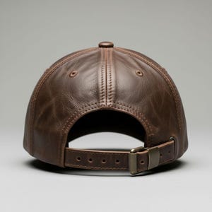 May include: A brown leather baseball cap, viewed from the back, showcasing a curved brim and adjustable strap. The cap features a classic six-panel design with a button on top and a metal buckle closure. The leather has a textured appearance.