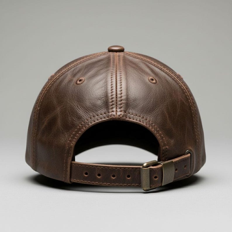 May include: A brown leather baseball cap, viewed from the back, showcasing a curved brim and adjustable strap. The cap features a classic six-panel design with a button on top and a metal buckle closure. The leather has a textured appearance.