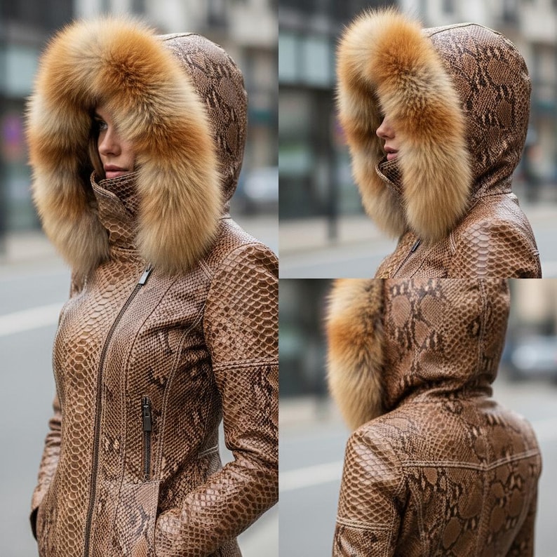 May include: A brown snakeskin-effect jacket featuring a large hood trimmed with tan fur. The jacket has a zip closure and a high collar. The hood frames the face, and the fur adds a luxurious touch. The jacket is a stylish outerwear piece.