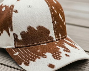 Boné de beisebol artesanal em couro bovino, com pelo de vaca marrom e branco em formato ajustável.
