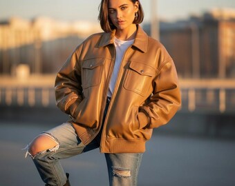 Women Tan Genuine Leather Bomber Jacket Oversized Aviator Style Leather Coat, Casual Streetwear Jackets
