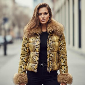 Pode incluir: Casaco acolchoado amarelo e castanho com padrão de pele de cobra, com gola e punhos de pele. O casaco está fechado com zíper e é usado sobre um top preto e calças pretas. Um cinto preto é visível na cintura.