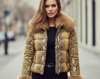 Damen Schlangenlederjacke mit echtem Fuchspelzkragen und Manschetten Schlangenprint-Modejacken