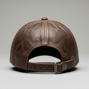 May include: A brown leather baseball cap, viewed from the back, showcasing a curved brim and adjustable strap. The cap features a classic six-panel design with a button on top and a metal buckle closure. The leather has a textured appearance.