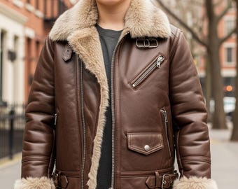 Kids B3 Aviator Leather Jacket, Faux fur Shearling Bomber Coat, Children's Pilot Winter Jackets