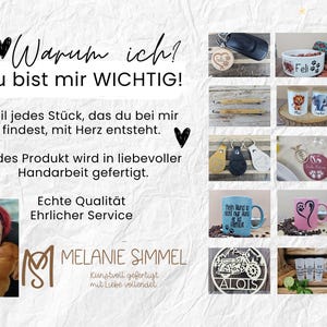 May include: A collage of personalized items including a wooden keychain, a ceramic bowl with paw prints, engraved pencils, two mugs with animal illustrations, leather key fobs, a pink mug with a heart, and a laser-cut wooden sign with the name Alois.