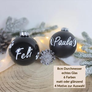 Personalisierte Weihnachtskugeln in 6 Farben in matt und glänzend
Mit Name und wahlweise Pfoten, Engelsflügel, Schneeflocken oder Rentiere

Geschenkideen Hundebesitzer, Weihnachtsbaumkugeln Personalisiert, Weihnachtskugel Personalisiert