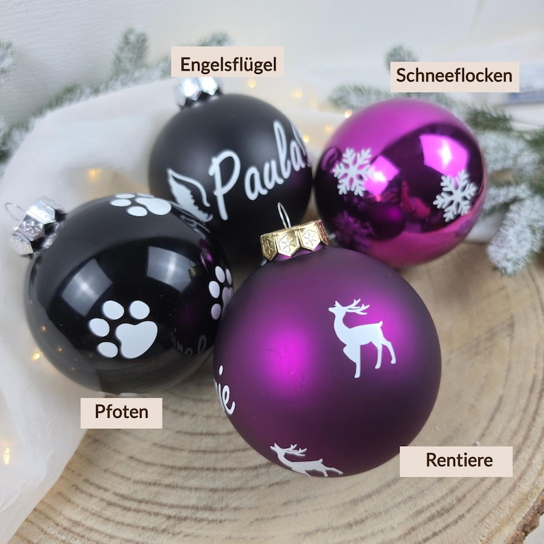 Personalisierte Weihnachtskugeln in 6 Farben in matt und glänzend
Mit Name und wahlweise Pfoten, Engelsflügel, Schneeflocken oder Rentiere

Geschenkideen Hundebesitzer, Weihnachtsbaumkugeln Personalisiert, Weihnachtskugel Personalisiert