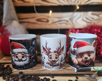 May include: Three white ceramic mugs with Christmas-themed designs. One mug features Santa Claus, another a reindeer, and the third a bear, all wearing Santa hats. Coffee beans are scattered on the wooden surface in front of the mugs.