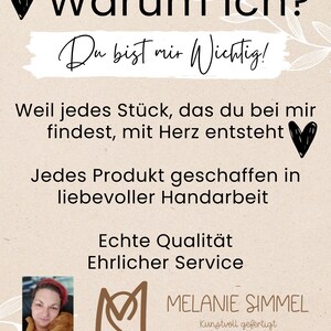 May include: A beige poster with black text and a heart graphic. The text includes phrases like "Why me?" and "You are important to me!" along with a description of handmade products and quality service. The poster also features a logo and a photo of a woman.