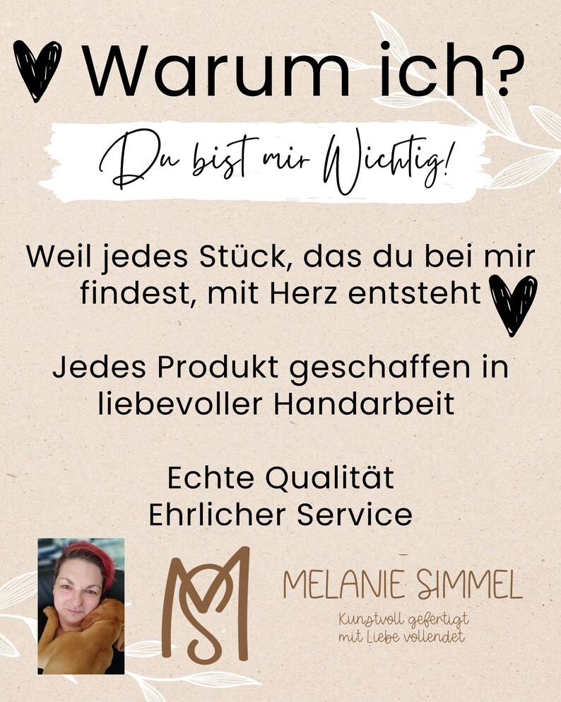 May include: A beige poster with black text and a heart graphic. The text includes phrases like "Why me?" and "You are important to me!" along with a description of handmade products and quality service. The poster also features a logo and a photo of a woman.