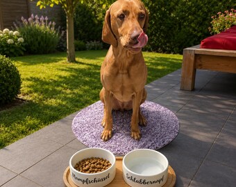 May include: A brown dog sits on a round purple rug behind two white ceramic bowls on a wooden tray. The left bowl contains brown kibble and is labeled Mampfschüssel, while the right bowl is empty and labeled Schlabbernapf in black script.