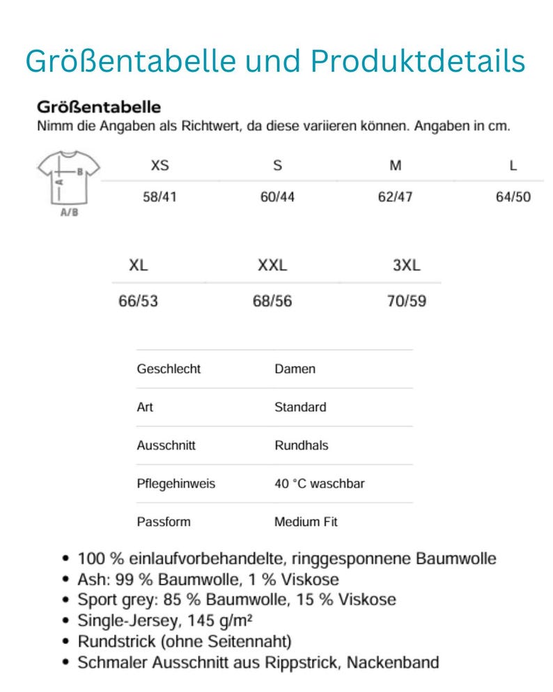 K&ouml;nnte beinhalten: Eine Gr&ouml;&szlig;entabelle und Produktdetails f&uuml;r ein T-Shirt. Sie enth&auml;lt eine Tabelle mit den Gr&ouml;&szlig;en XS bis 3XL und den entsprechenden Ma&szlig;en in cm. Zudem werden Spezifikationen wie Rundhals, Medium Fit, 40 Grad Celsius Waschbarkeit sowie Materialzusammensetzungen aus Baumwolle und Viskose aufgef&uuml;hrt.