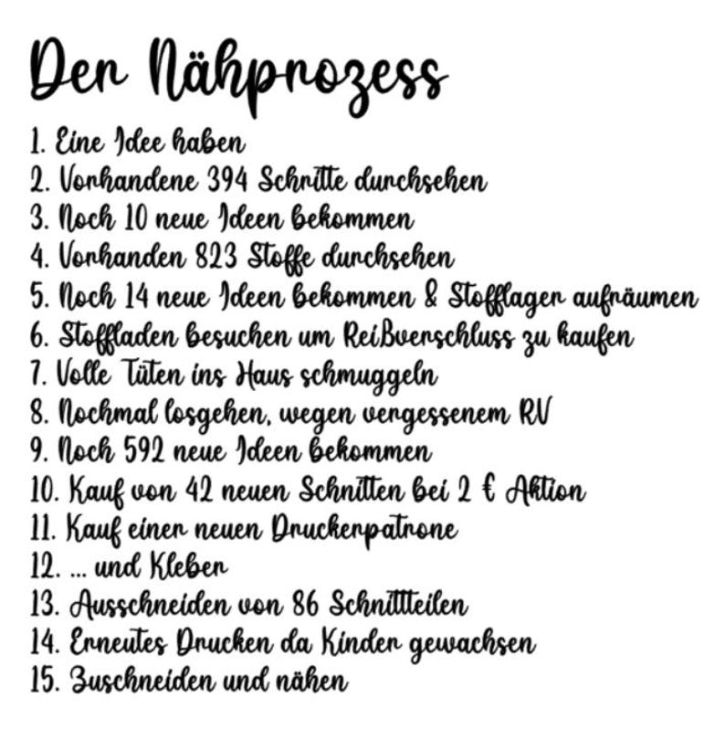 May include: A black and white graphic with the title "Den N&auml;hprozess" and a numbered list of sewing steps in German. The steps include getting ideas, looking at patterns and fabrics, and buying supplies.