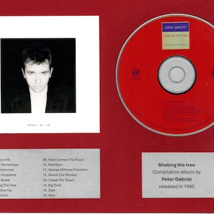 Op de afbeelding: Een ingelijst cd-compilatiealbum getiteld "Shaking the Tree" van Peter Gabriel, uitgebracht in 1990. De afbeelding bevat een portret van de artiest, de cd en een tracklist.