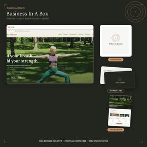 Peut inclure: Un kit de branding Business In A Box comprenant une maquette de site web avec une personne pratiquant le yoga, un logo circulaire Willow & Breath, une carte de visite sombre avec le logo et un dépliant. Le texte inclut Willow & Breath, Business In A Box et 100% editable in Canva.