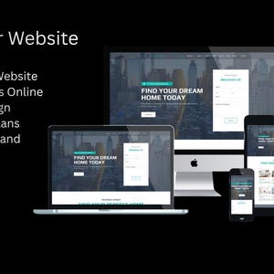 Könnte beinhalten: Eine digitale Anzeige, die ein Website-Design auf einem Desktop-Computer, Laptop, Tablet und Smartphone zeigt. Der Text lautet Build Your Website, Responsive Website, Your Business Online, Custom Design, 3 Different Plans und Grow Your Brand.