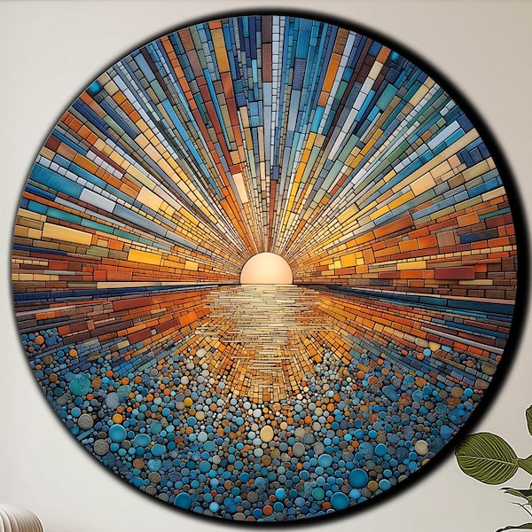 Arte mural de vidrio templado con mosaico de atardecer y paisaje marino - Decoración para el hogar con amanecer y océano - Decoración de pared con efecto guijarro - Impresión UV redonda