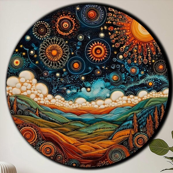 Arte mural de vidrio templado con paisaje - Decoración celestial para el hogar - Decoración de pared con sol cósmico - Impresión UV