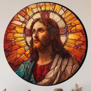 Jesus Christ Stained Glass Tempered Glass Wall Art - Religious Home Decor - Christian Wall Decor - Round UV Print