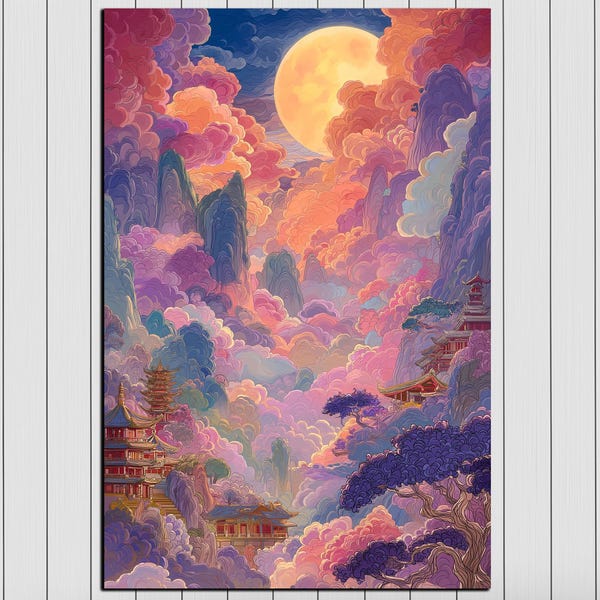 Impresión de un templo asiático iluminado por la luna: paisaje montañoso surrealista, arte UV