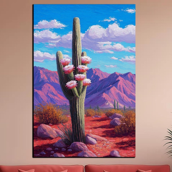 Decoración de pared con cactus saguaro en flor - Decoración del hogar con atardecer en el desierto - Arte mural impresionista de vidrio templado