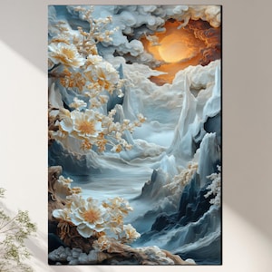 Impression de temple asiatique au clair de lune : art UV surréaliste de paysage de montagne