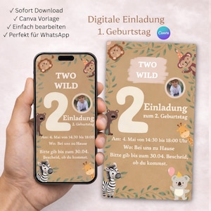 Könnte beinhalten: Eine digitale Geburtstagseinladung mit braunem Hintergrund, mit dem Text "TWO WILD" und der Zahl "2". Die Einladung enthält Tierillustrationen und Veranstaltungsdetails. Das Design wird auch auf einem Smartphone angezeigt.