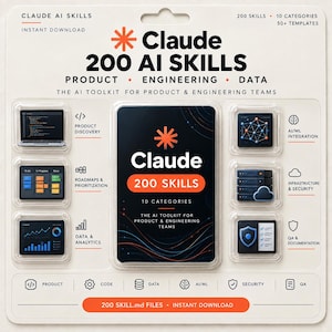May include: A product packaging card titled Claude 200 AI Skills, featuring 10 categories and 50+ templates. The card displays icons for product discovery, roadmaps, data analytics, AI/ML integration, infrastructure, security, and QA documentation.