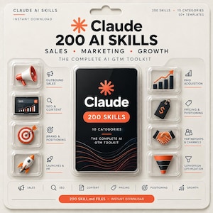 Può includere: Una scheda prodotto bianca intitolata Claude 200 AI Skills, The Complete AI GTM Toolkit. Presenta una carta centrale nera con testo e icone arancioni, circondata da otto bolle di plastica trasparente contenenti icone 3D per vendite e crescita.