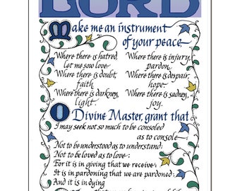 Peace -St. Francis, FREE US SHIPPING! inspirational print, hand-lettered, beautifully decorated, ready for framing in three colors