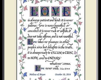 Love is Patient Wedding Gift, Corinthians 13, personalized hand lettered, framed, Custom Christian Wedding, Anniversary, Engagement gift