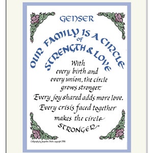 May include: A framed print with a light blue border and a white mat. The calligraphy reads "Our Family is a Circle of Strength & Love" with floral corner accents. The text includes the words "Genser" and "Stronger".