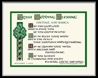 Irish Celtic Wedding Blessing Gift, FREE personalizing. My Celtic calligraphy and unique design, custom matted and framed