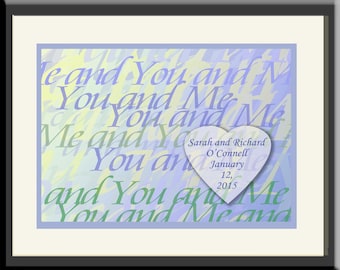 Unique Personalized Wedding Gift: YOU & ME; Contemporary style,  framed; blue/green colors. Anniversary or Engagement Gift