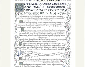 Desiderata Hand Lettered, Free US Shipping! Exquisite Celtic and Italic calligraphy with hand-drawn border