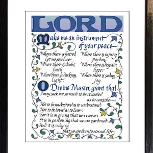 Prayer for Peace by St. Francis, matted and framed, hand-lettered print by Jacqueline Shuler