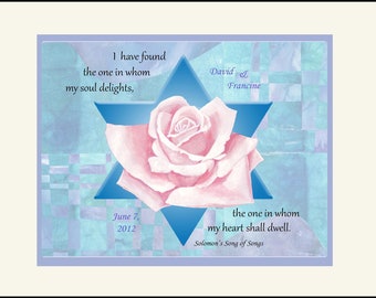 Jewish Wedding Gift; FREE US Shipping; Song of Solomon  Personalized Unique Hand-painted print with Star of David, 11" x 14" matted.