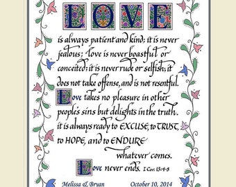 Love is Patient-FREE US Shipping-Wedding Gift, Corinthians 13, personalized,hand lettered print,  11" x 14" matted or 8"x10" print ONLY