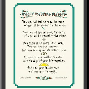 May include: A framed print featuring the text "Apache Wedding Blessing" in decorative calligraphy. The text is surrounded by a teal border and includes a sun, rings, and other embellishments. The date December 4, 2010 is also included.