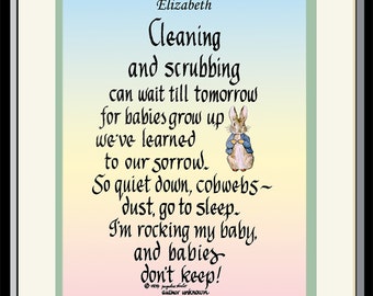 Cleaning & Scrubbing- Hand-lettered print, framed, 8" x 10"- New mom baby gift