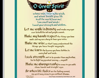 Great Spirit Prayer for Strength and Wisdom, Native American, framed and hand lettered by Jacqueline Shuler